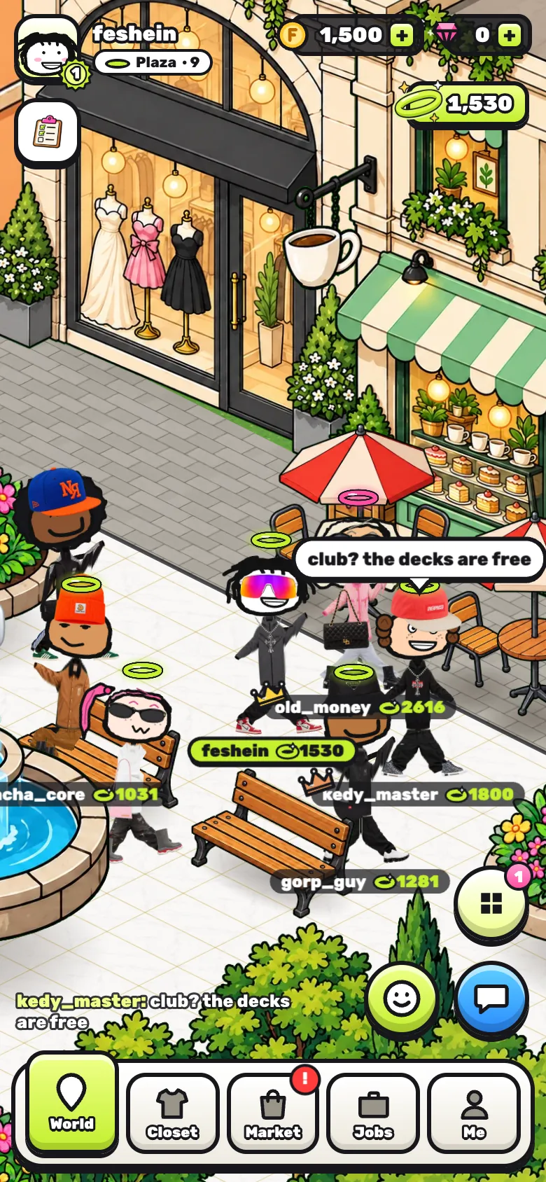 The feshein main square: players in outfits walking by the fountain